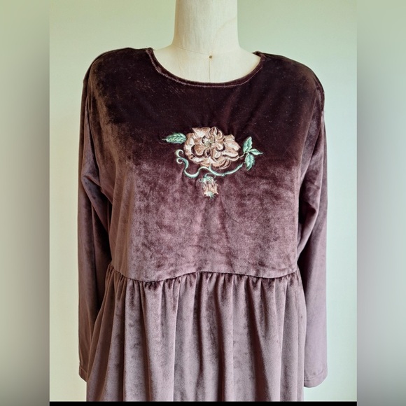 Vintage 90s Velveteen Babydoll Midi Dress Brown Embroidered Fairy Grunge Large - Picture 4 of 12